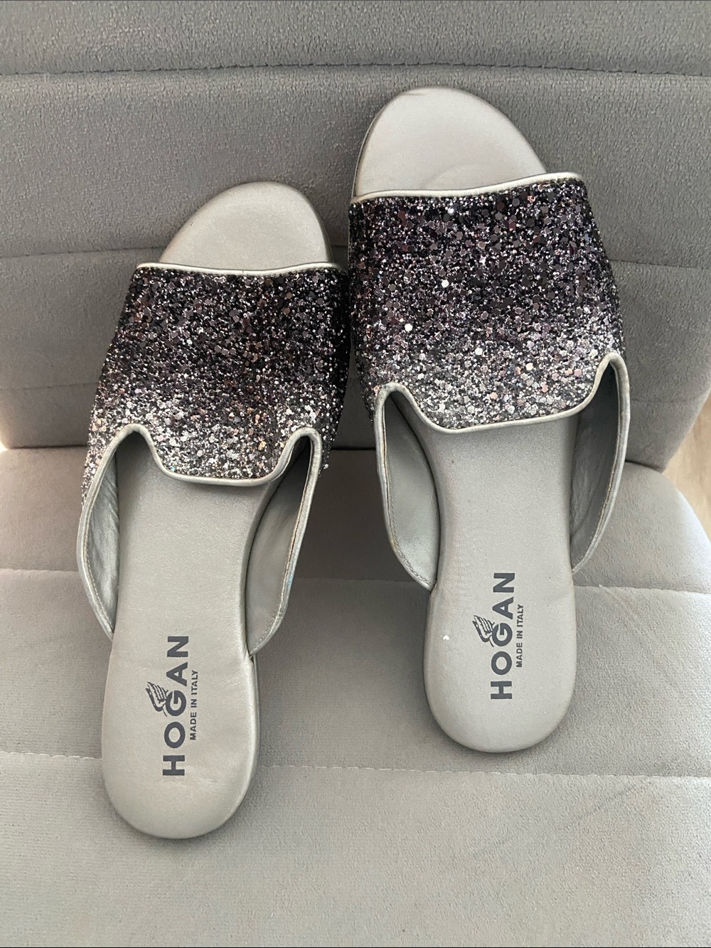 Hogan Silver Glitter Slide Mules